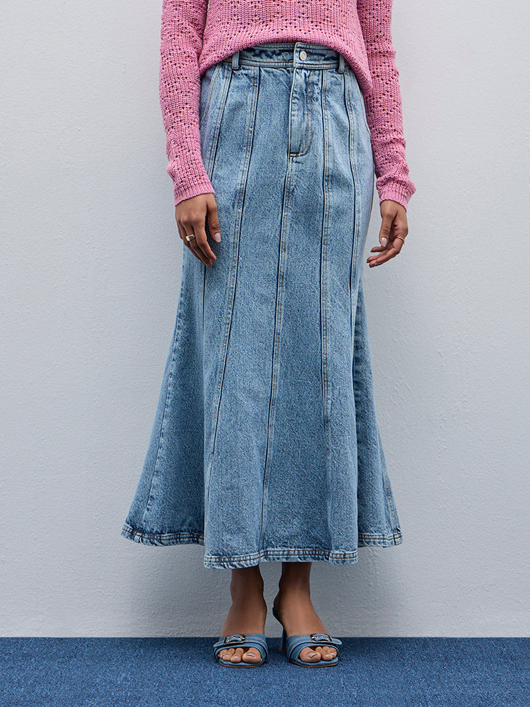 LOV Light Blue Acid Washed Striped Long Skirt