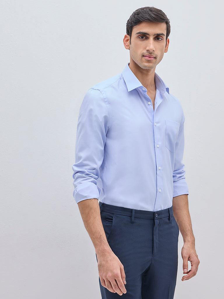 WES Formals Blue Solid Slim-Fit Shirt