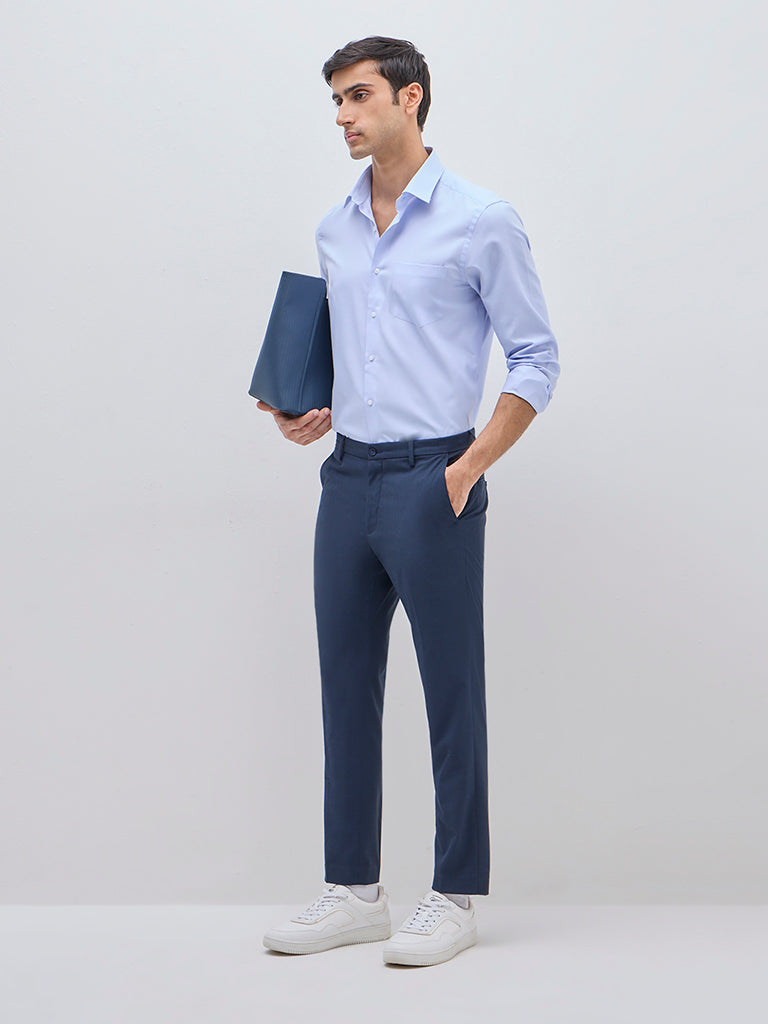 WES Formals Blue Solid Slim-Fit Shirt