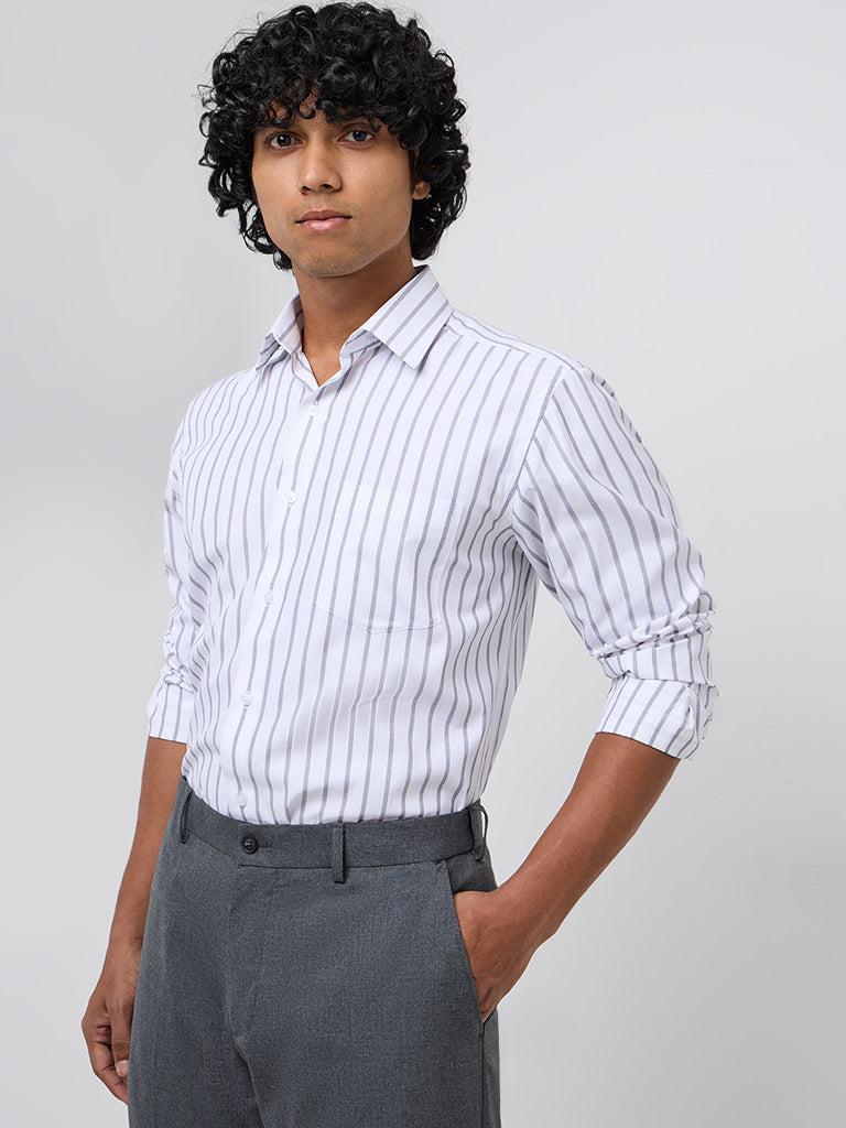 WES Formals White Striped Slim-Fit Shirt