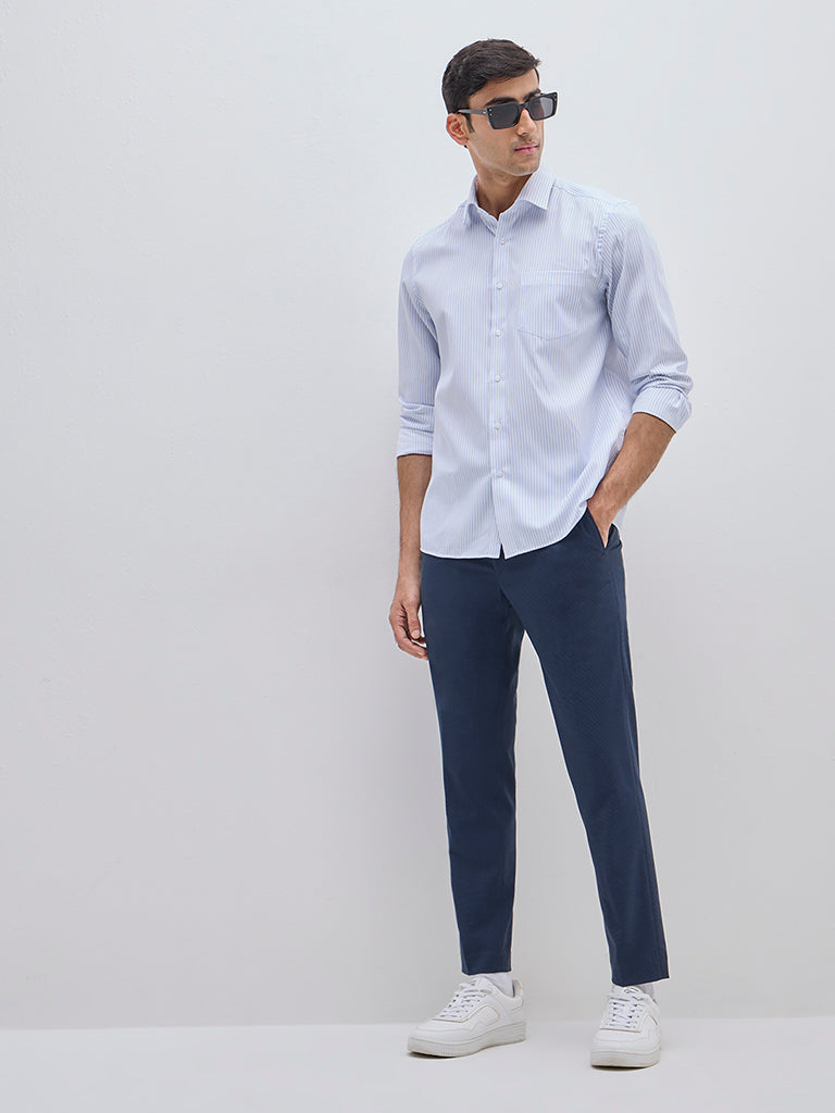 WES Formals Light Blue Striped Slim-Fit Shirt