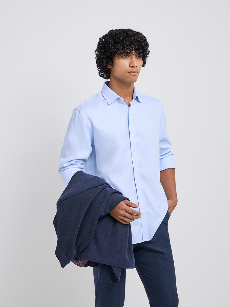 WES Formals Blue Slim-Fit Cotton Shirt