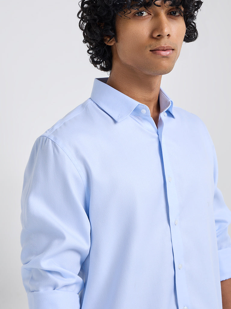 WES Formals Blue Slim-Fit Cotton Shirt