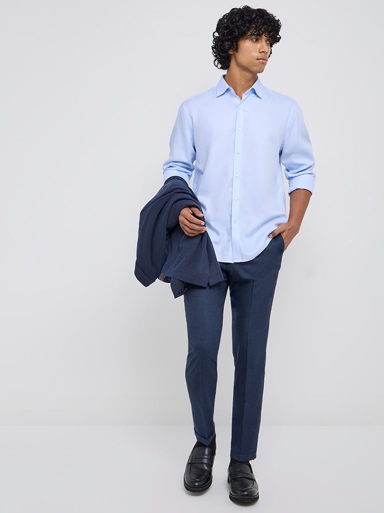 WES Formals Blue Slim-Fit Cotton Shirt