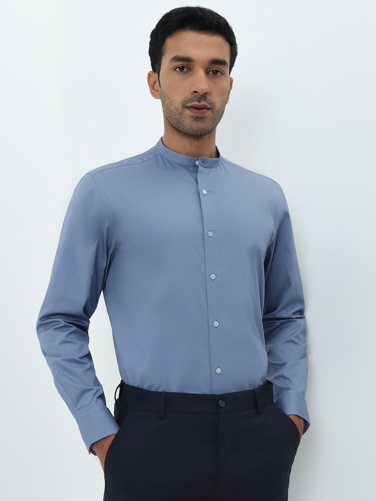 WES Formals Dusty Blue Solid Slim-Fit Cotton Blend Shirt