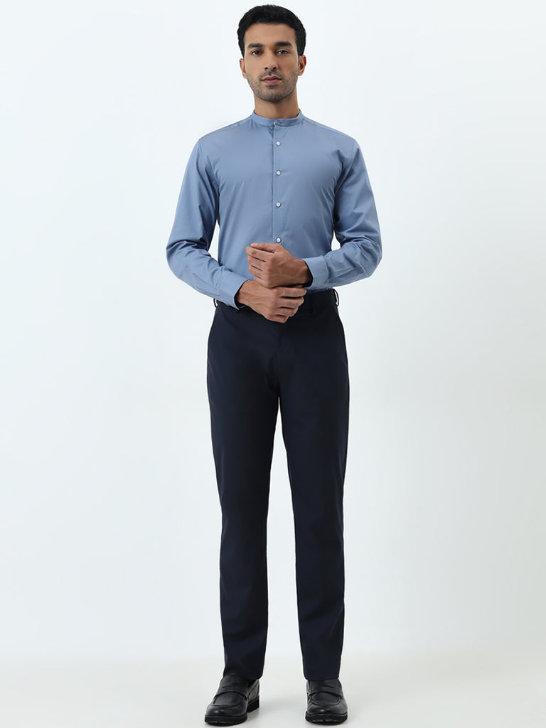 WES Formals Dusty Blue Solid Slim-Fit Cotton Blend Shirt