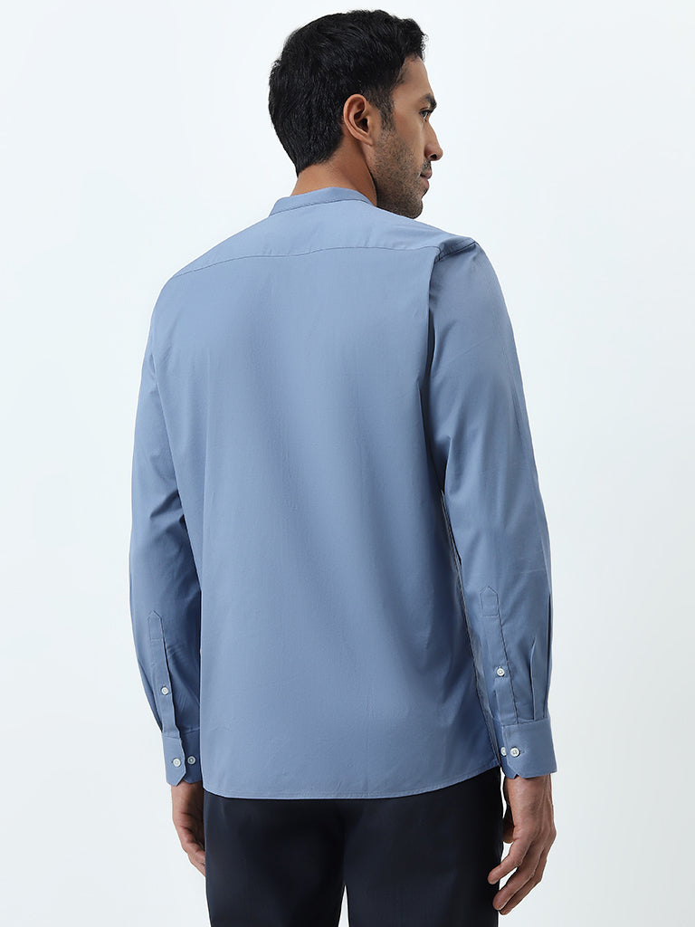 WES Formals Dusty Blue Solid Slim-Fit Cotton Blend Shirt