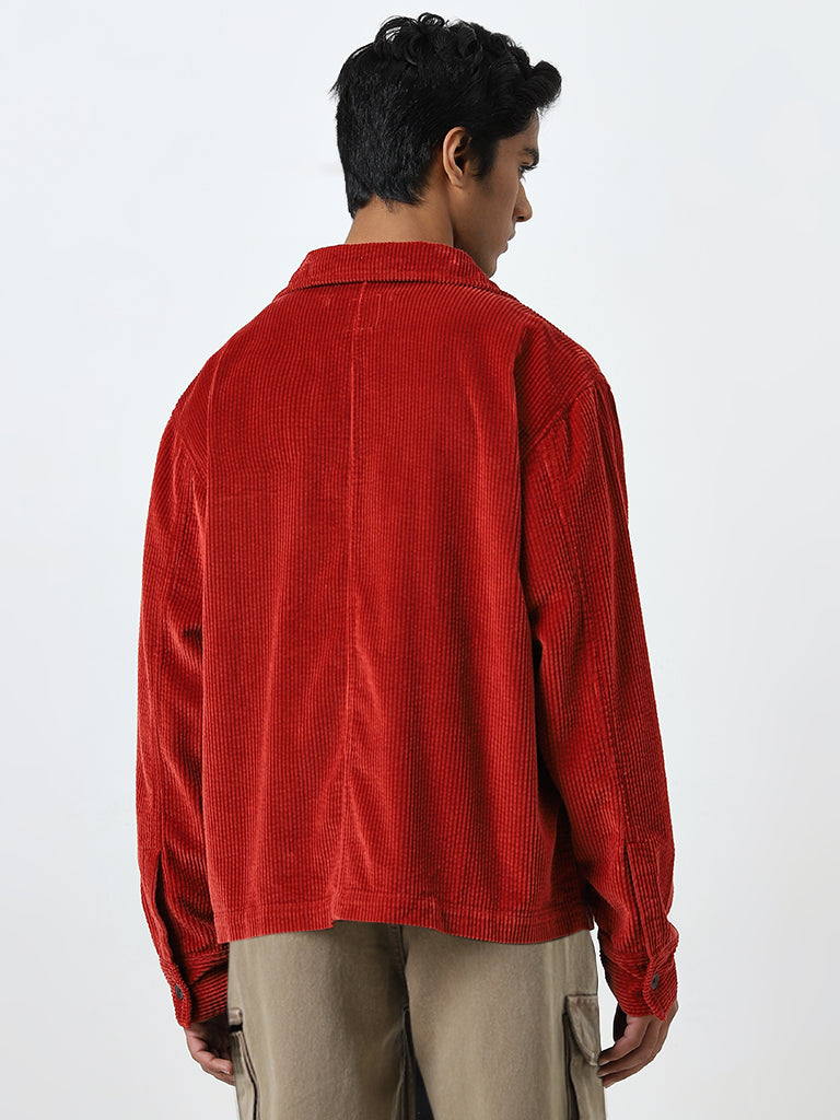 Nuon Red Ribbed Relaxed-Fit Cotton Jacket