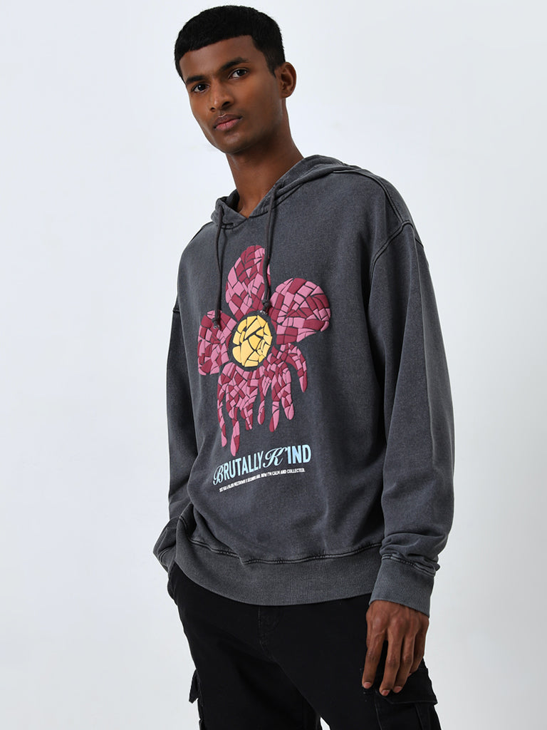 Nuon Charcoal Floral Design Relaxed-Fit Cotton Sweatshirt