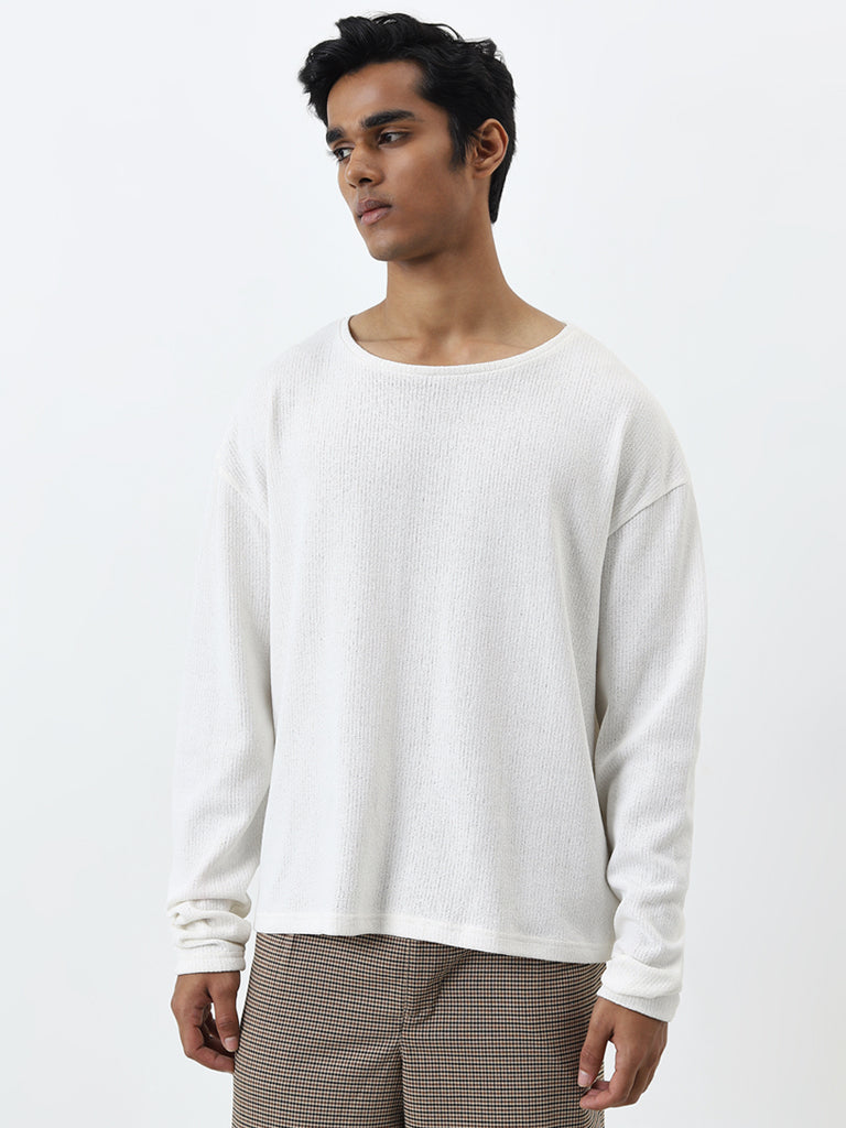 Nuon Off-White Textured Relaxed-Fit Cotton Blend Sweater