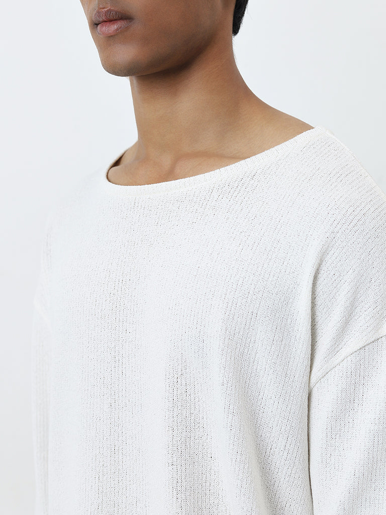 Nuon Off-White Textured Relaxed-Fit Cotton Blend Sweater