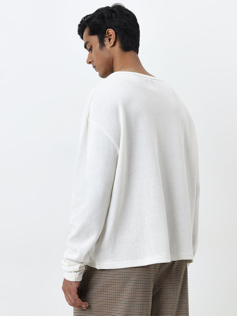 Nuon Off-White Textured Relaxed-Fit Cotton Blend Sweater