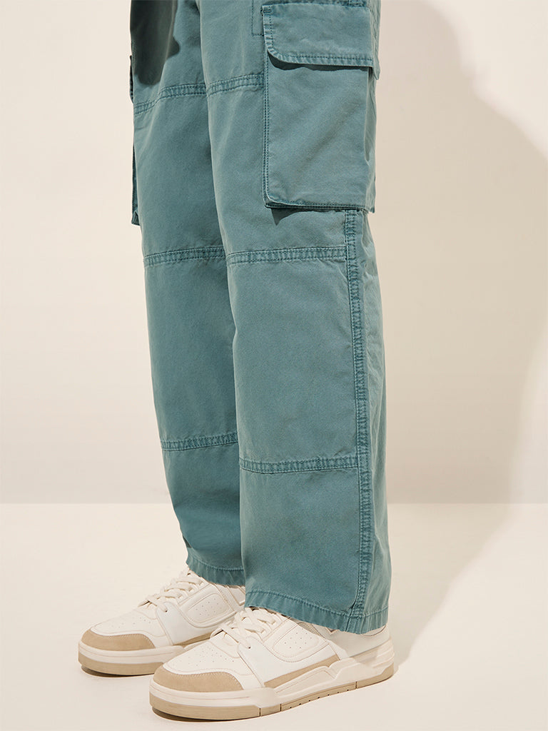 Nuon Teal Loose-Fit Mid-Rise Cotton Cargo Trousers