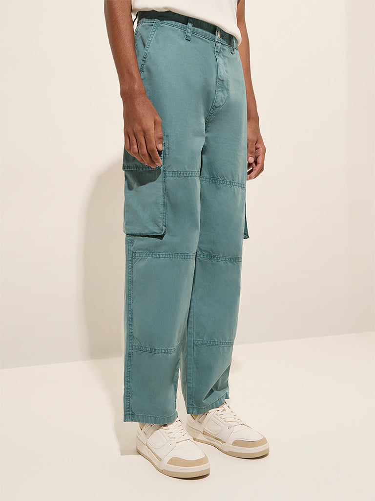 Nuon Teal Loose-Fit Mid-Rise Cotton Cargo Trousers