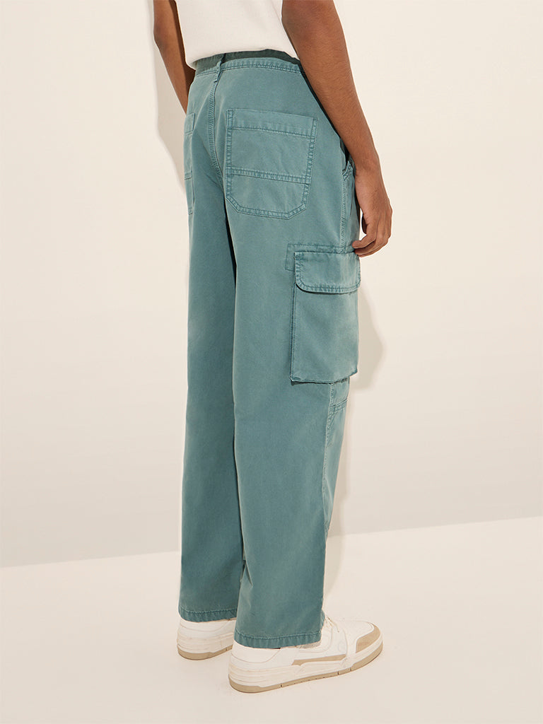 Nuon Teal Loose-Fit Mid-Rise Cotton Cargo Trousers