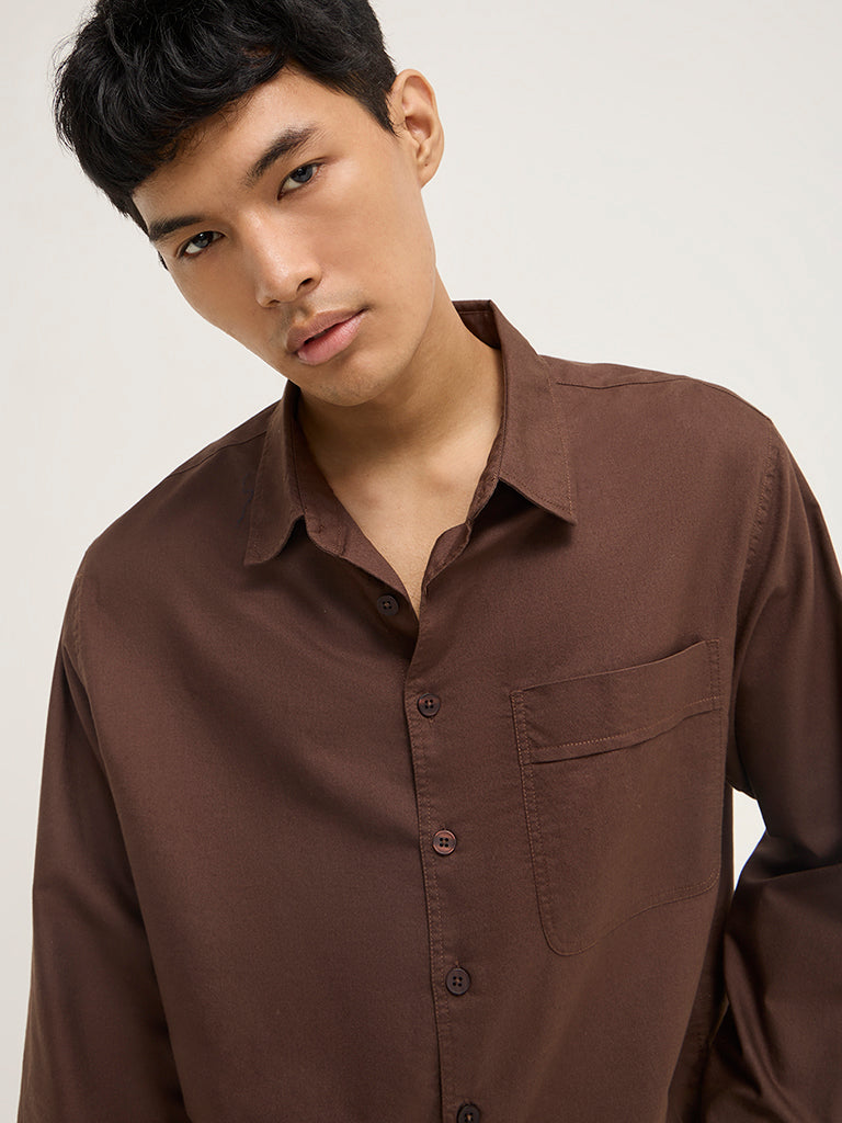 Nuon Brown Solid Relaxed-Fit Cotton Shirt