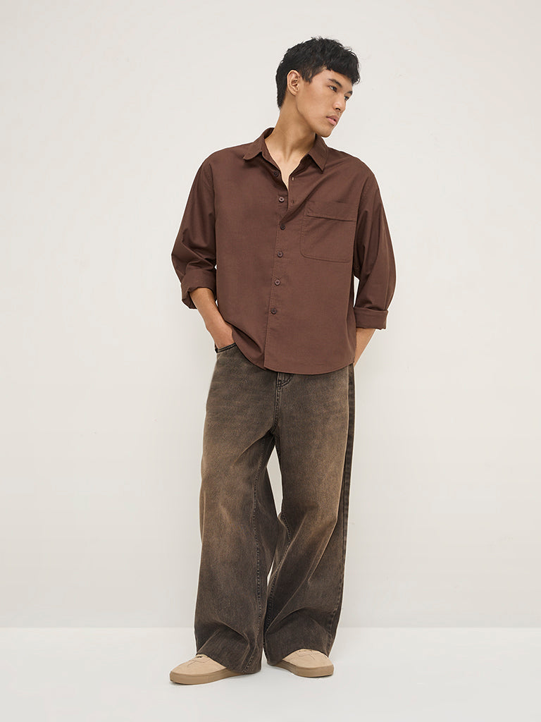 Nuon Brown Solid Relaxed-Fit Cotton Shirt