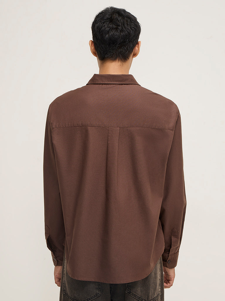 Nuon Brown Solid Relaxed-Fit Cotton Shirt