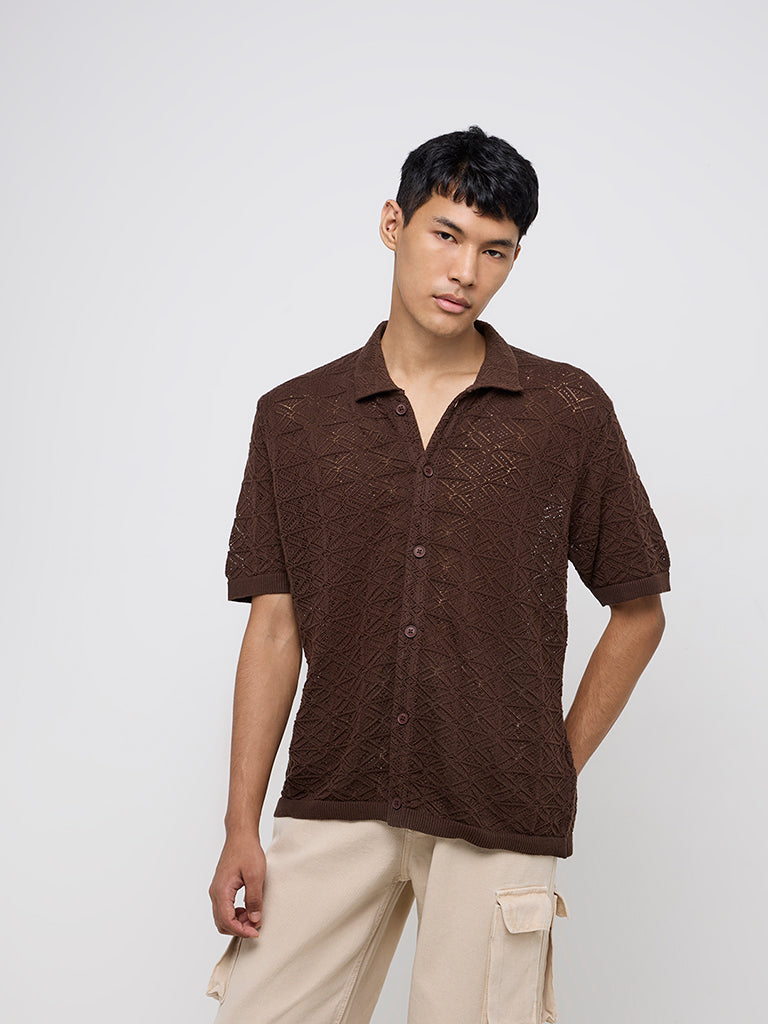 Nuon Brown Knit-Textured Relaxed-Fit Cotton Shirt