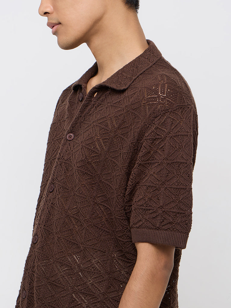 Nuon Brown Knit-Textured Relaxed-Fit Cotton Shirt