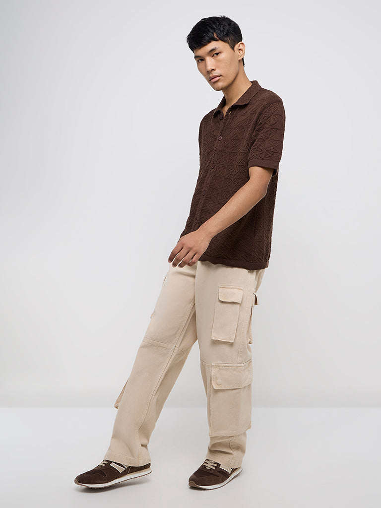 Nuon Brown Knit-Textured Relaxed-Fit Cotton Shirt