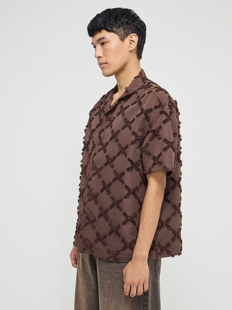 Nuon Brown Textured Relaxed-Fit Cotton Shirt