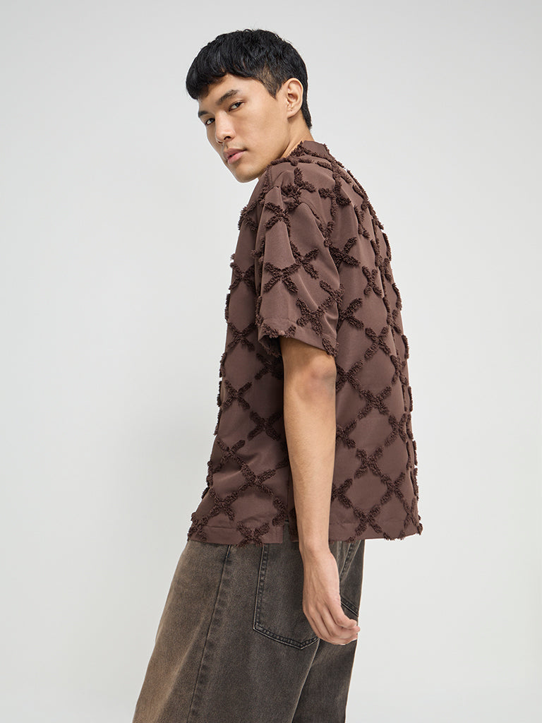 Nuon Brown Textured Relaxed-Fit Cotton Shirt