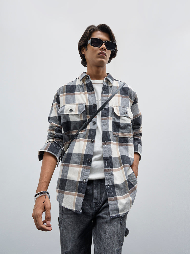 Nuon Charcoal Checkered Relaxed-Fit Shirt