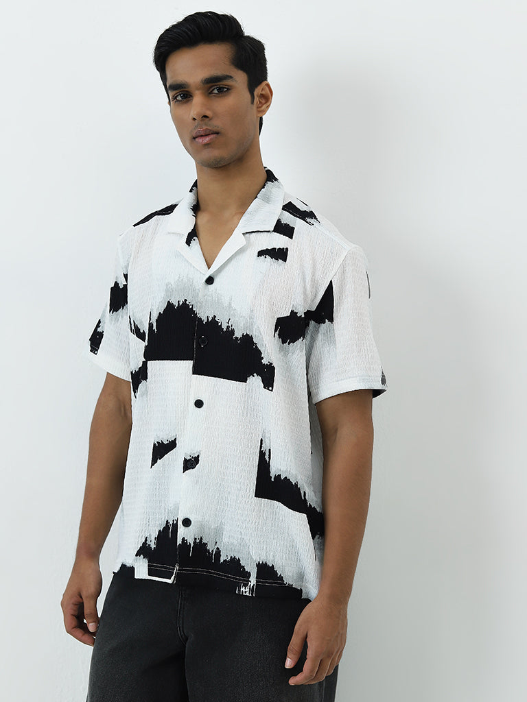 Nuon White Abstract Printed Relaxed-Fit Cotton Shirt