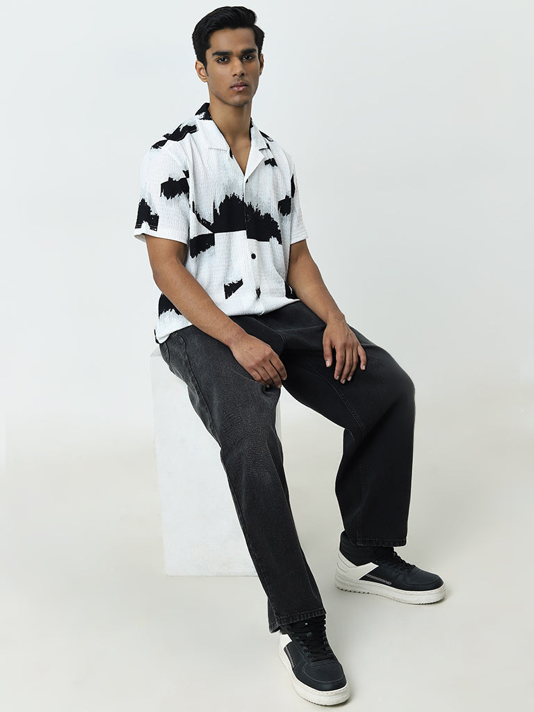 Nuon White Abstract Printed Relaxed-Fit Cotton Shirt