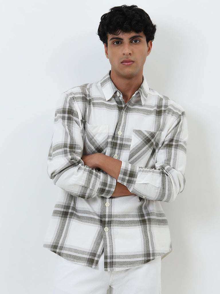 Nuon Olive Checkered Relaxed-Fit Cotton Shirt