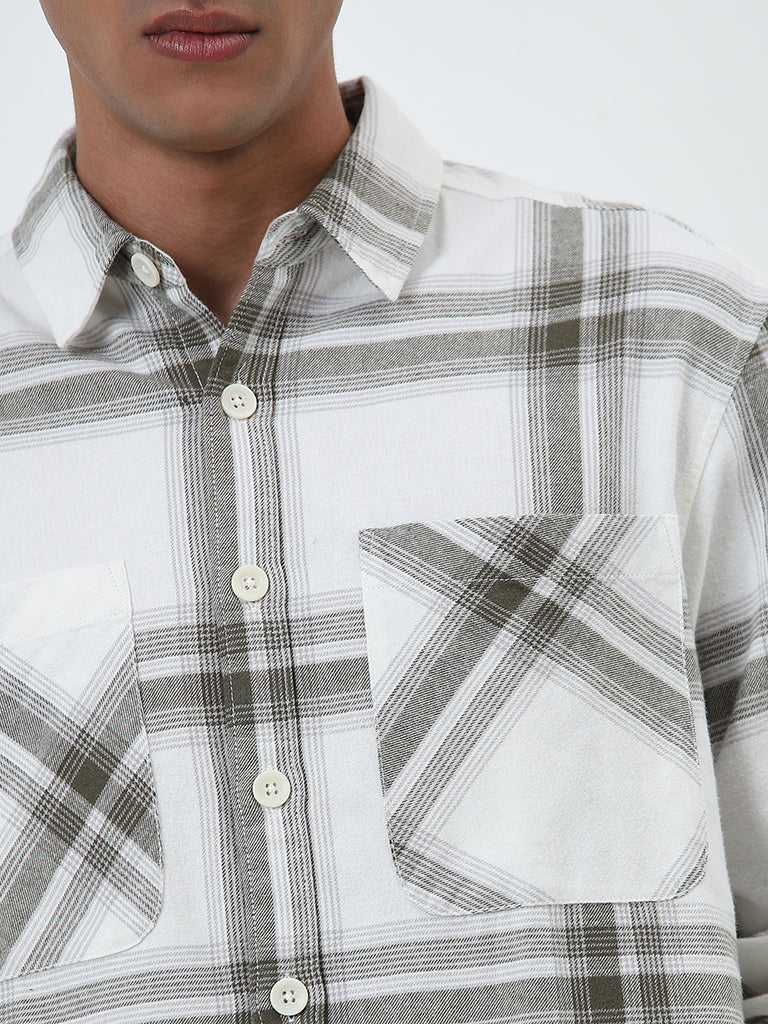 Nuon Olive Checkered Relaxed-Fit Cotton Shirt