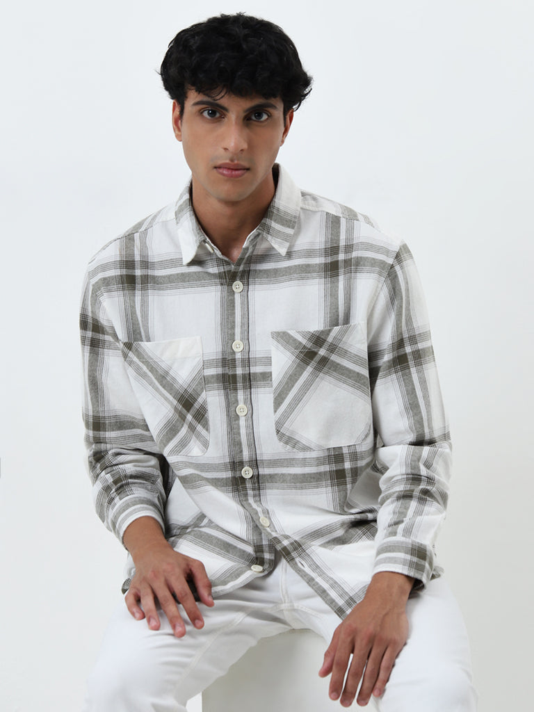 Nuon Olive Checkered Relaxed-Fit Cotton Shirt