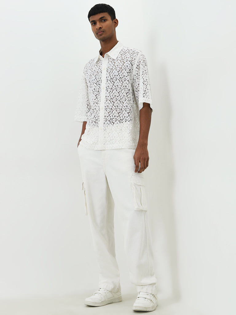 Nuon White Lace Design Relaxed-Fit Shirt