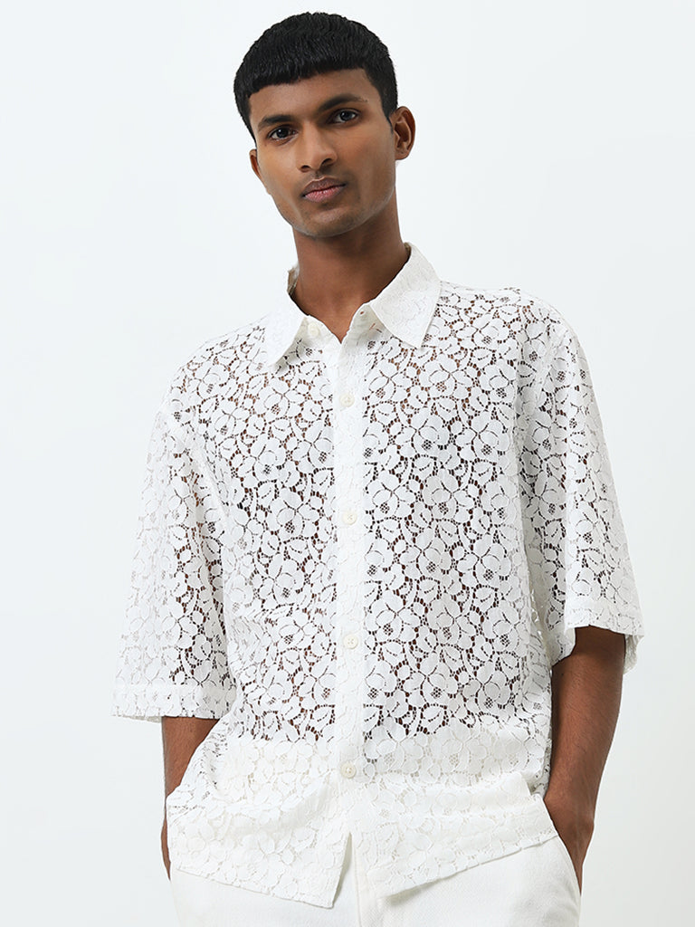 Nuon White Lace Design Relaxed-Fit Shirt