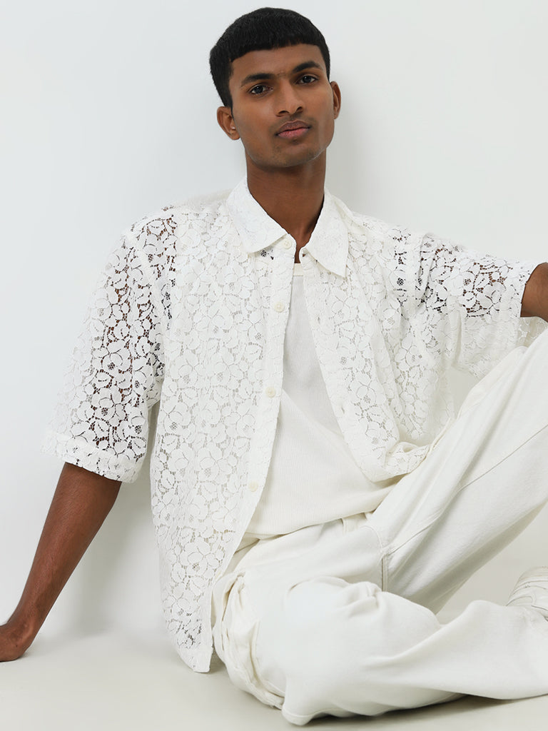 Nuon White Lace Design Relaxed-Fit Shirt