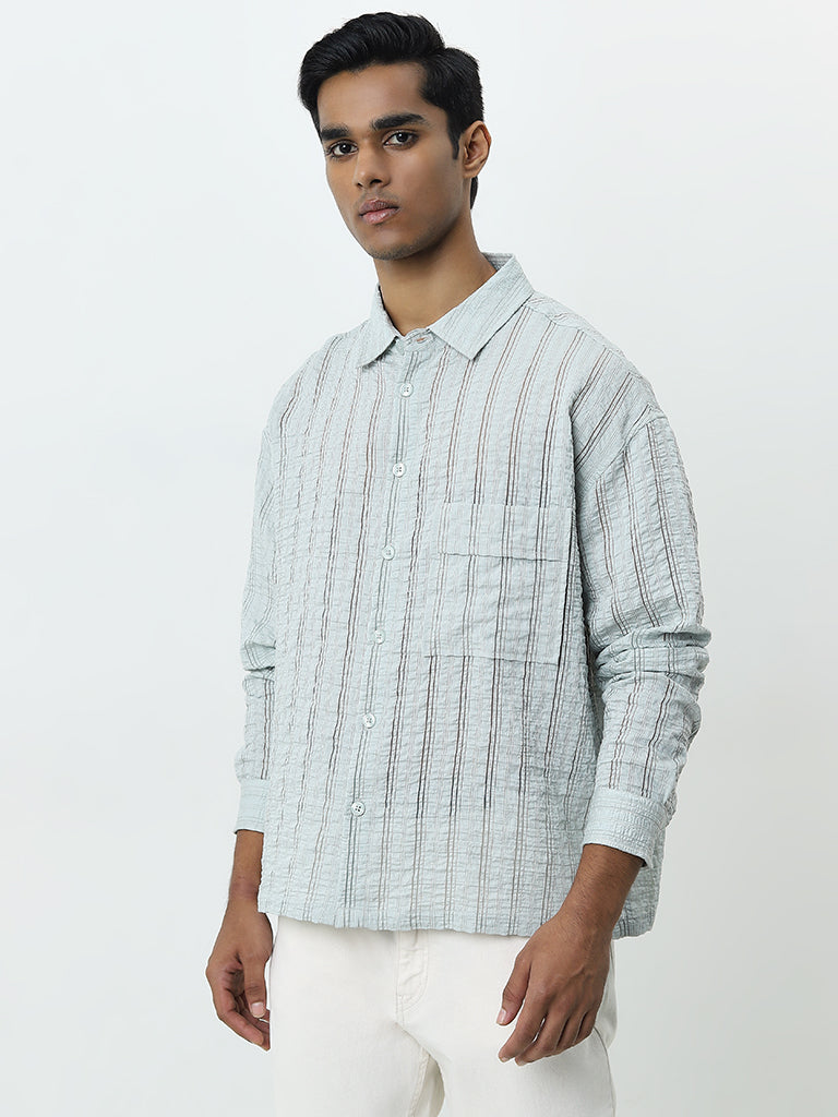 Nuon Light Blue Self-Striped Relaxed-Fit Cotton Shirt