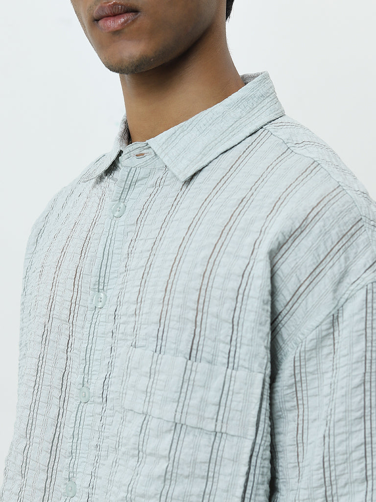 Nuon Light Blue Self-Striped Relaxed-Fit Cotton Shirt