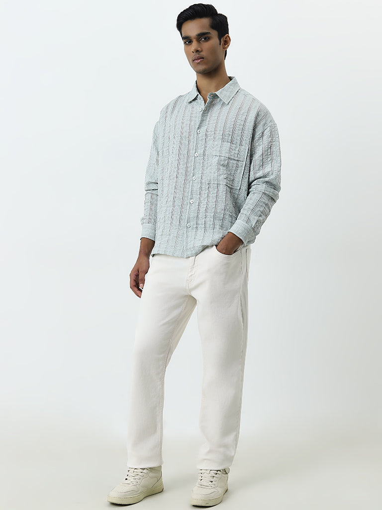 Nuon Light Blue Self-Striped Relaxed-Fit Cotton Shirt