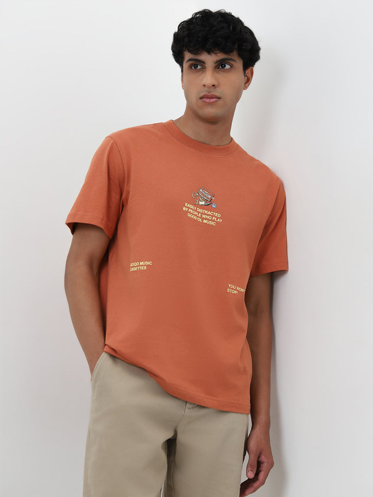 Nuon Orange Text Design Relaxed-Fit Cotton T-Shirt