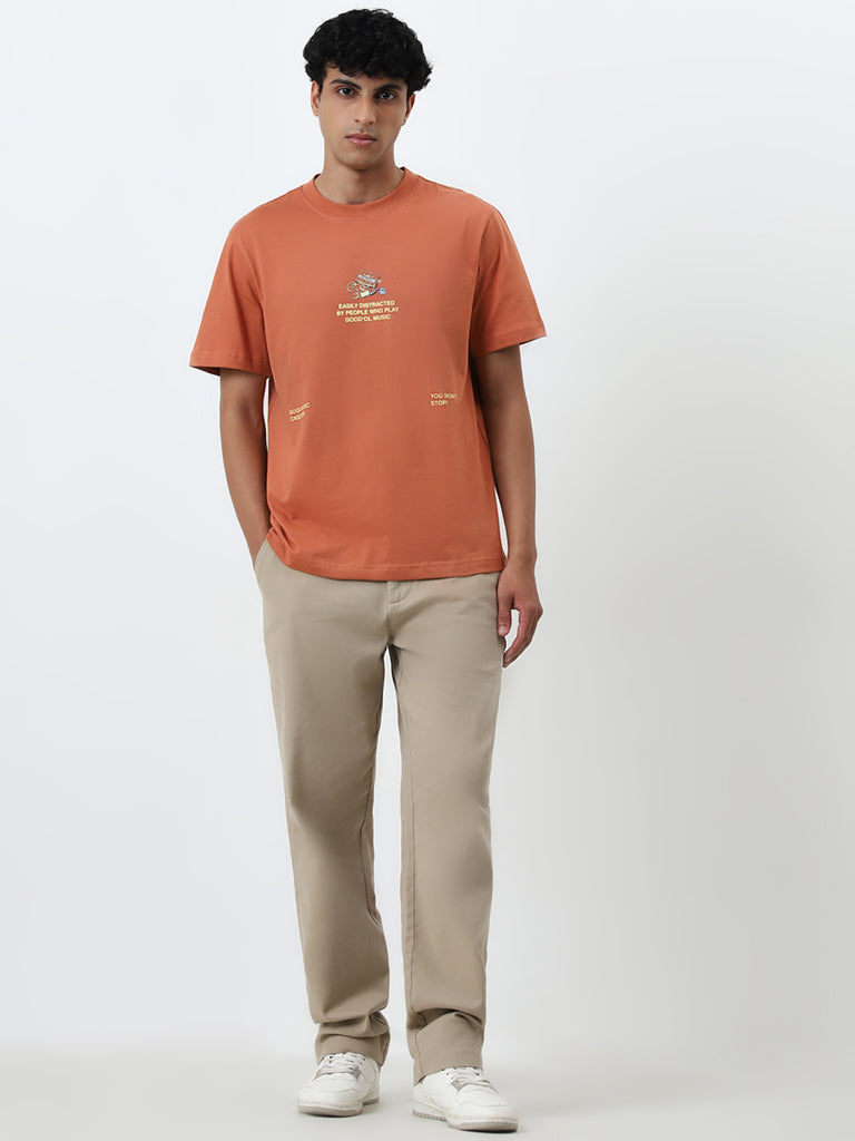 Nuon Orange Text Design Relaxed-Fit Cotton T-Shirt