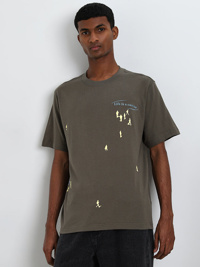 Nuon Olive Text Printed Relaxed-Fit Cotton T-Shirt