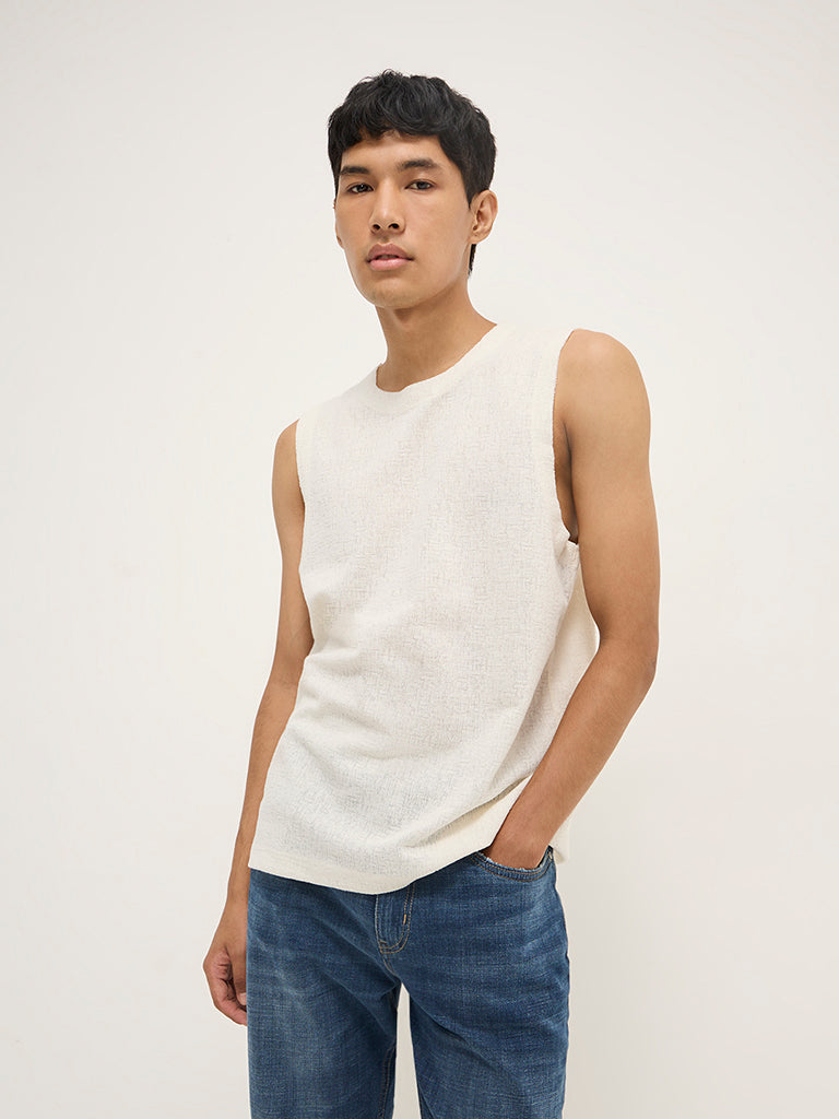 Nuon Off-White Textured Relaxed-Fit Cotton Blend T-Shirt