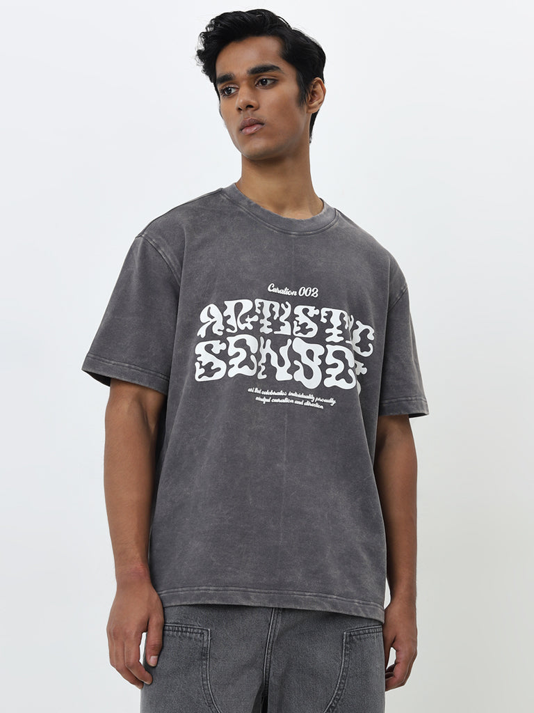 Nuon Grey Text Print Relaxed-Fit Cotton T-Shirt