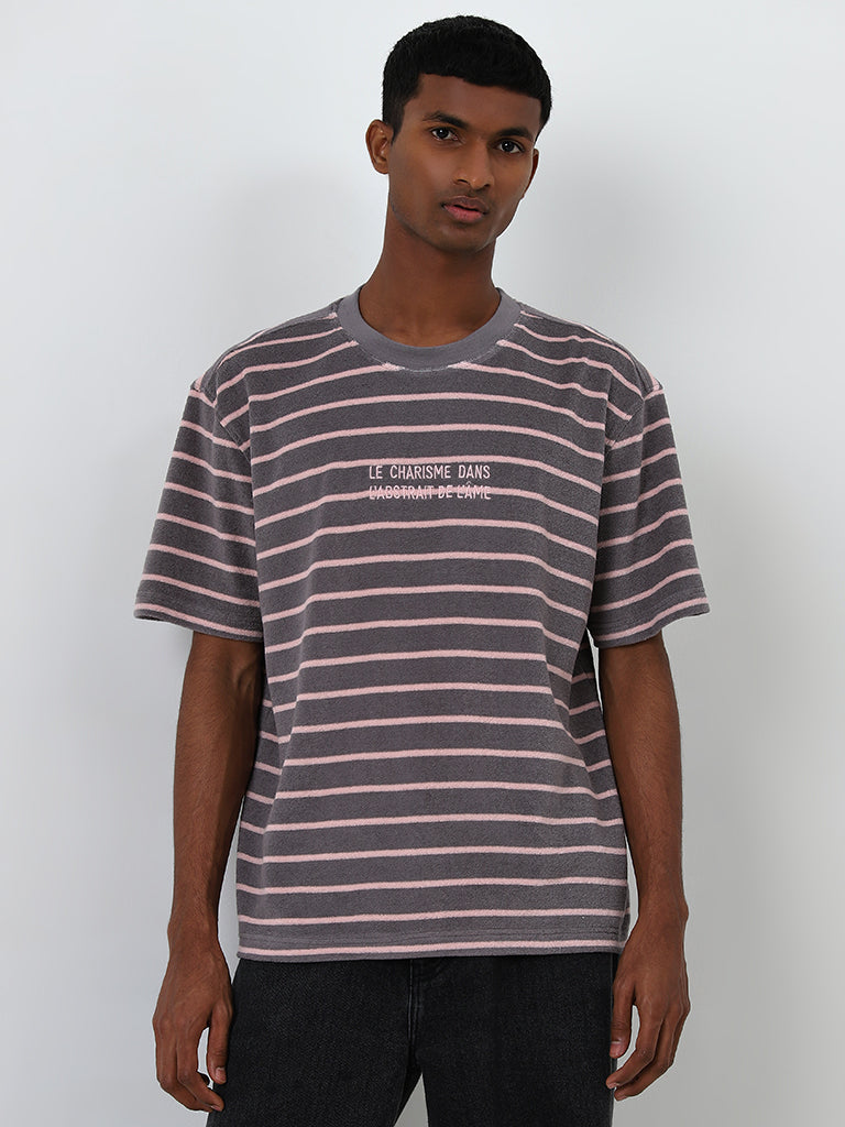 Nuon Charcoal Striped Relaxed-Fit Cotton Blend T-Shirt