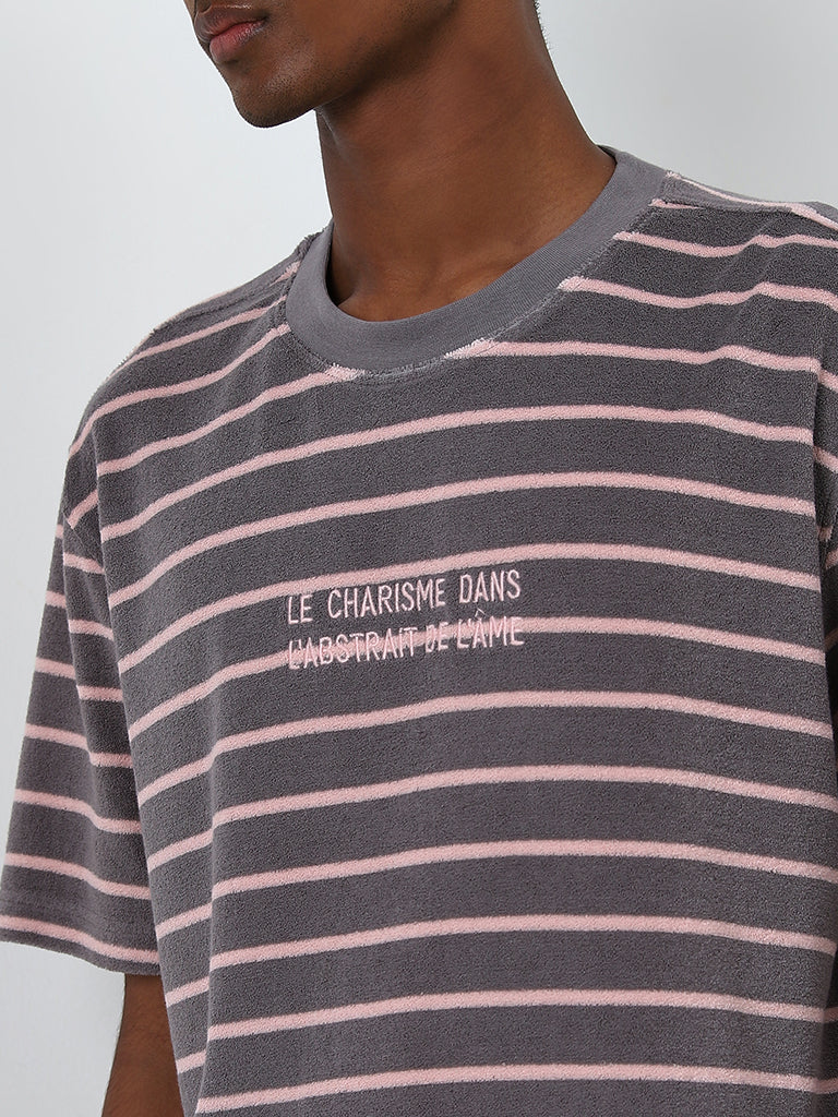 Nuon Charcoal Striped Relaxed-Fit Cotton Blend T-Shirt