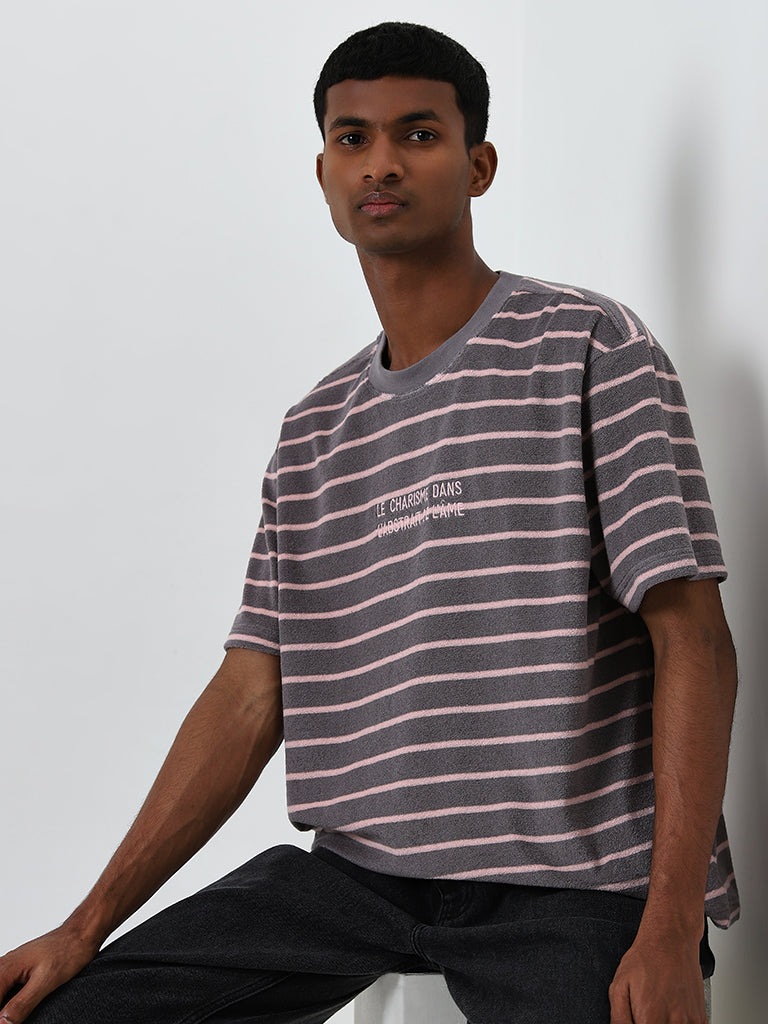 Nuon Charcoal Striped Relaxed-Fit Cotton Blend T-Shirt