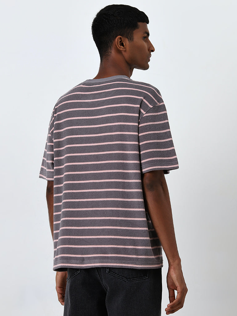 Nuon Charcoal Striped Relaxed-Fit Cotton Blend T-Shirt