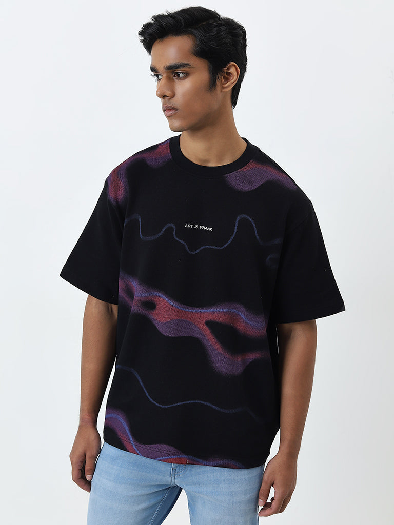 Nuon Black Abstract Design Relaxed-Fit Cotton T-Shirt