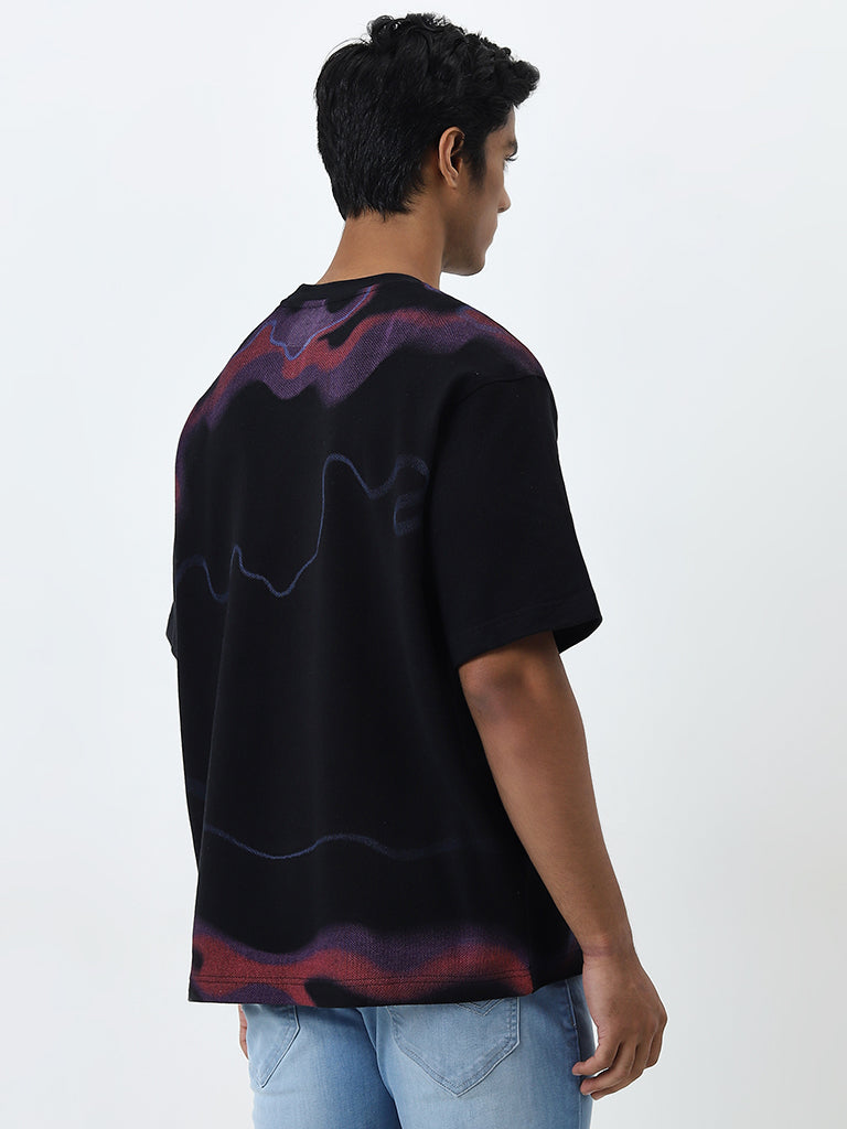 Nuon Black Abstract Design Relaxed-Fit Cotton T-Shirt